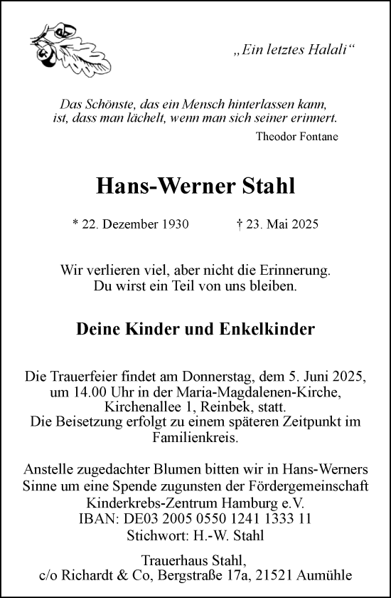 Traueranzeige von Hans-Werner Stahl von MARKT Glinde/Reinfeld