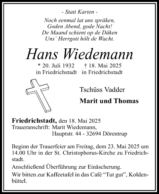 Traueranzeige von Hans Wiedemann von Husumer Nachrichten, Nordfriesland Tageblatt
