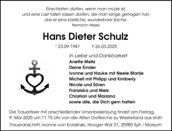 Traueranzeige von Hans Dieter Schulz von Sylter Rundschau