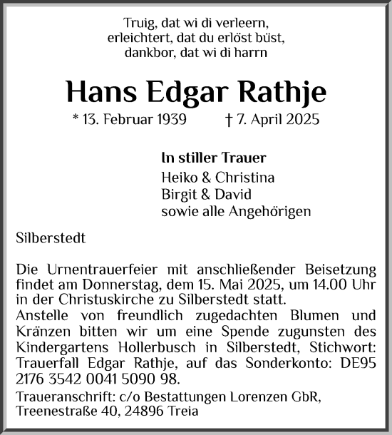Traueranzeige von Hans Edgar Rathje von Schleswiger Nachrichten, Schlei-Bote