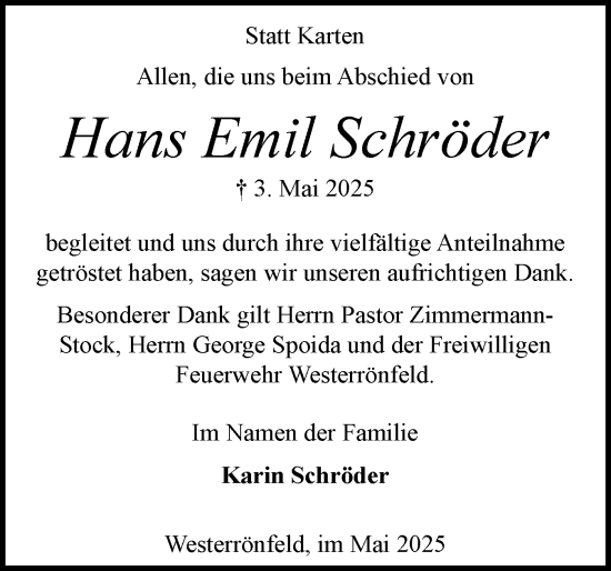 Traueranzeige von Hans Emil Schröder von Schleswig-Holsteinische Landeszeitung