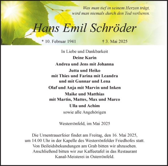 Traueranzeige von Hans Emil Schröder von Schleswig-Holsteinische Landeszeitung