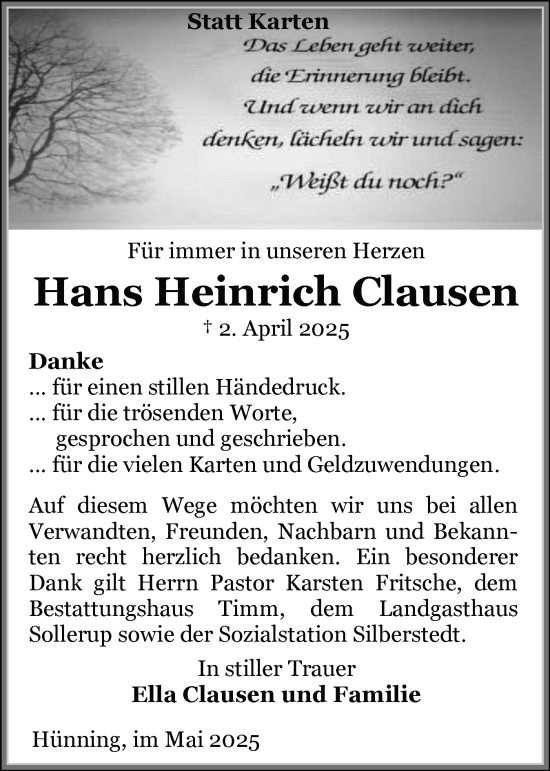 Traueranzeige von Hans Heinrich Clausen von Flensburger Tageblatt, Schleswiger Nachrichten, Schlei-Bote