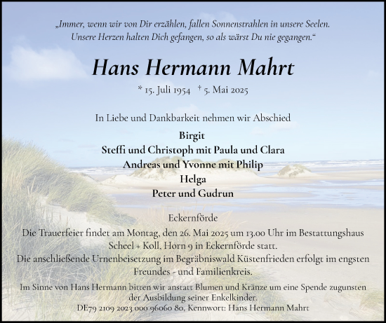 Traueranzeige von Hans Hermann Mahrt von Eckernförder Zeitung, Hallo Eckernförde