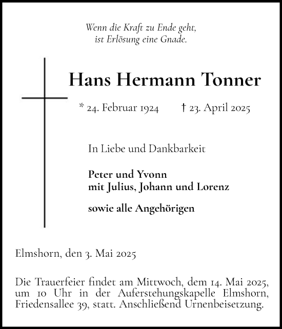 Traueranzeige von Hans Hermann Tonner von Elmshorner Nachrichten, Barmstedter Zeitung