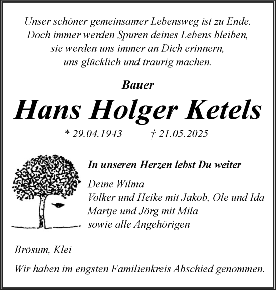 Traueranzeige von Hans Holger Ketels von Husumer Nachrichten, Nordfriesland Tageblatt