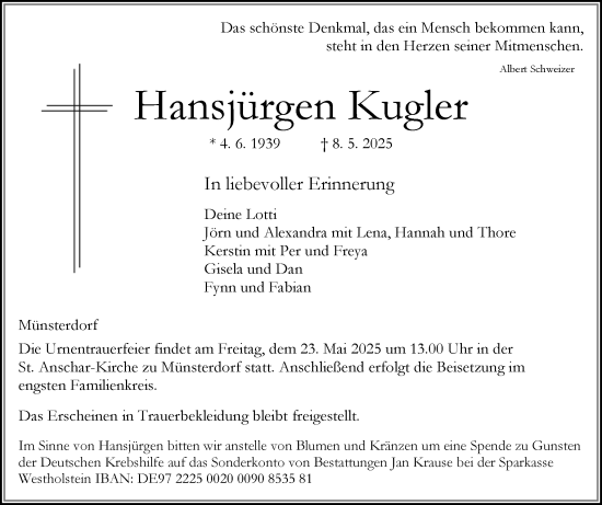 Traueranzeige von Hansjürgen Kugler von Norddeutsche Rundschau, Wilstersche Zeitung, Glückstädter Fortuna