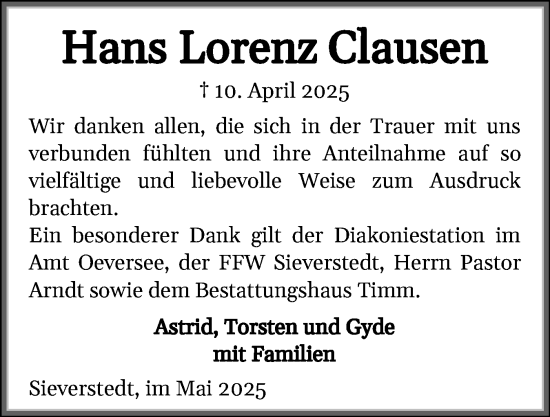 Traueranzeige von Hans Lorenz Clausen von Flensburger Tageblatt