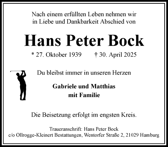 Traueranzeige von Hans Peter Bock von MARKT Ahrensburg/Bargteheide/Trittau und Stormarner Tageblatt