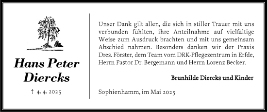 Traueranzeige von Hans Peter Diercks von Schleswig-Holsteinische Landeszeitung