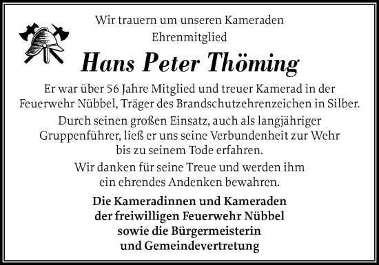 Traueranzeige von Hans Peter Thöming von Schleswig-Holsteinische Landeszeitung