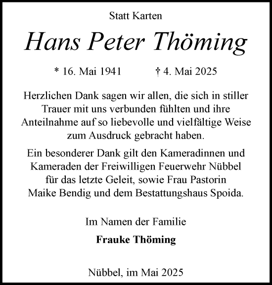 Traueranzeige von Hans Peter Thöming von Schleswig-Holsteinische Landeszeitung