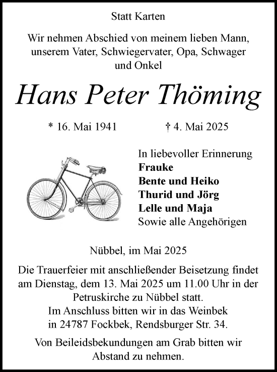 Traueranzeige von Hans Peter Thöming von Schleswig-Holsteinische Landeszeitung