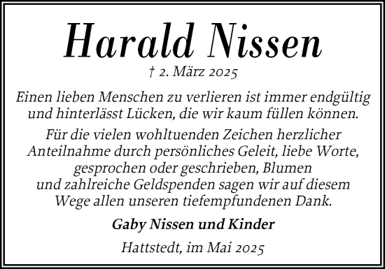 Traueranzeige von Harald Nissen von Husumer Nachrichten, Nordfriesland Tageblatt