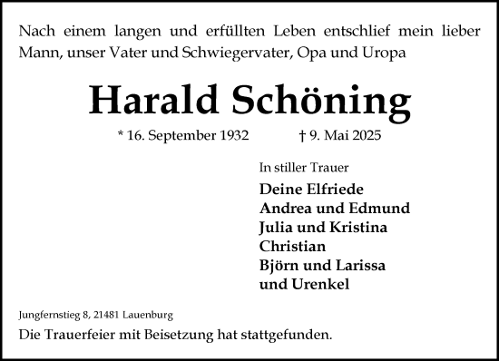 Traueranzeige von Harald Schöning von Wochenend Anzeiger