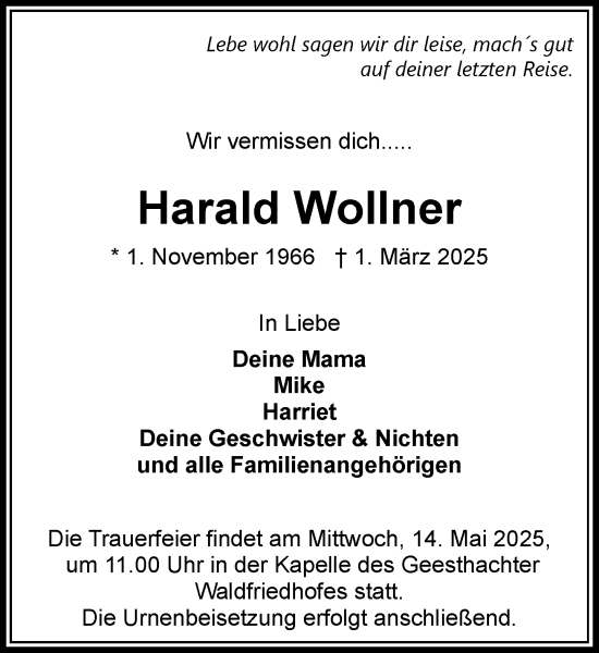 Traueranzeige von Harald Wollner von Wochenend Anzeiger