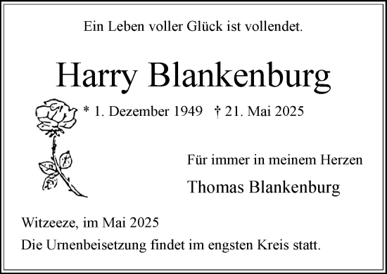 Traueranzeige von Harry Blankenburg von Wochenend Anzeiger