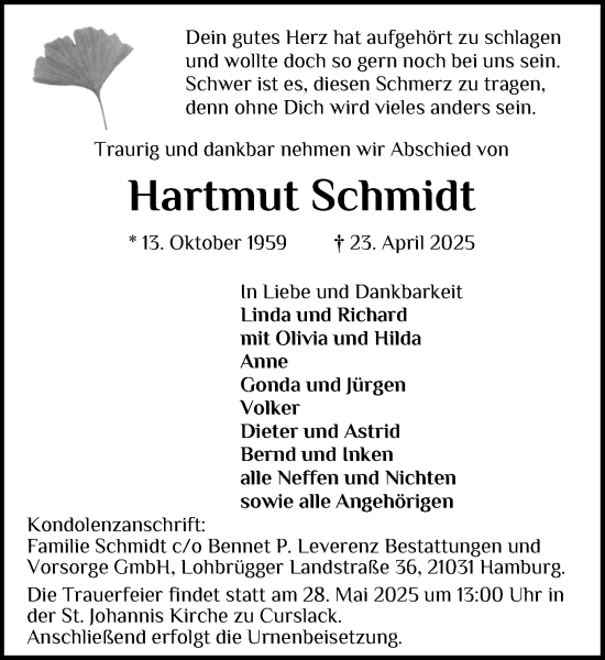 Traueranzeige von Hartmut Schmidt von MARKT Ahrensburg/Bargteheide/Trittau und Stormarner Tageblatt