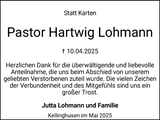 Traueranzeige von Hartwig Lohmann von Norddeutsche Rundschau, Wilstersche Zeitung, Glückstädter Fortuna