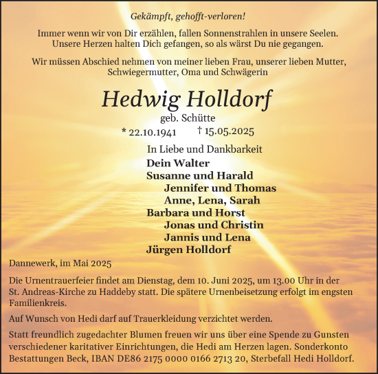 Traueranzeige von Hedwig Holldorf von Schleswiger Nachrichten, Schlei-Bote