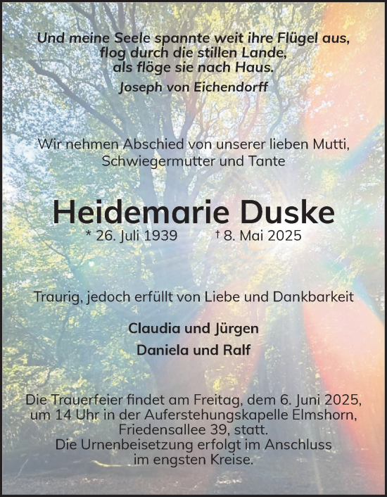 Traueranzeige von Heidemarie Duske von Elmshorner Nachrichten, Barmstedter Zeitung
