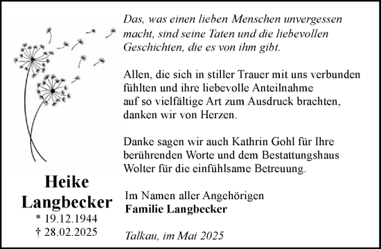 Traueranzeige von Heike Langbecker von MARKT Ratzeburg/Mölln