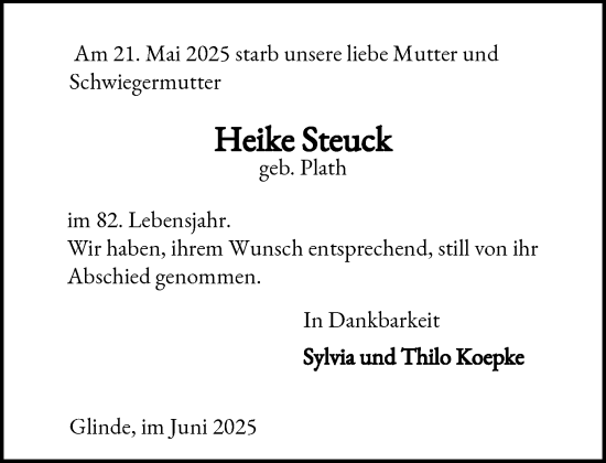Traueranzeige von Heike Steuck von MARKT Glinde/Reinfeld
