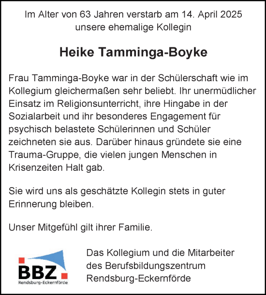 Traueranzeige von Heike Tamminga-Boyke von Schleswig-Holsteinische Landeszeitung