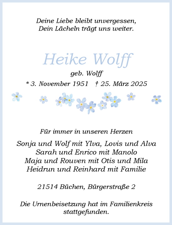 Traueranzeige von Heike Wolff von Wochenend Anzeiger