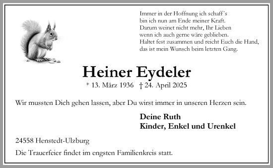 Traueranzeige von Heiner Eydeler von Umschau