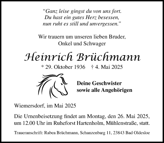Traueranzeige von Heinrich Brüchmann von MARKT Bad Oldesloe/Reinfeld und Stormarner Tageblatt