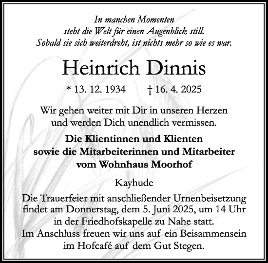 Traueranzeige von Heinrich Dinnis von MARKT Ahrensburg/Bargteheide/Trittau und Stormarner Tageblatt