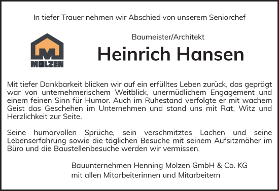 Traueranzeige von Heinrich Hansen von Flensburger Tageblatt, Schleswiger Nachrichten, Schlei-Bote