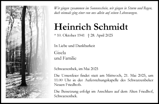 Traueranzeige von Heinrich Schmidt von Wochenend Anzeiger