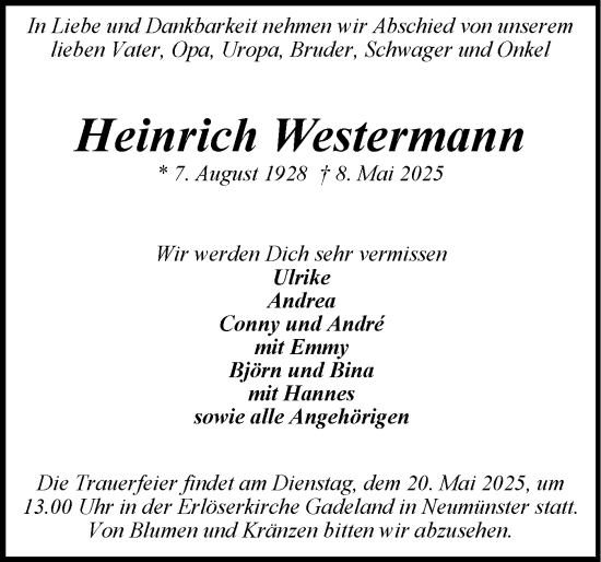 Traueranzeige von Heinrich Westermann von Holsteinischer Courier