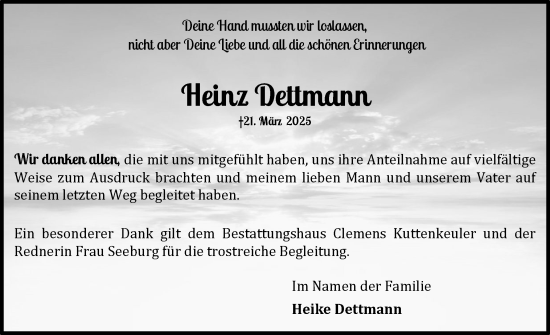 Traueranzeige von Heinz Dettmann von Schleswig-Holsteinische Landeszeitung