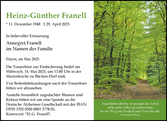 Traueranzeige von Heinz-Günther Franell von Wochenend Anzeiger