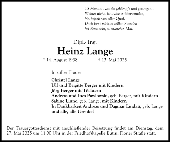 Traueranzeige von Heinz Lange von Ostholsteiner Anzeiger
