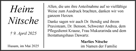 Traueranzeige von Heinz Nitsche von Husumer Nachrichten, Nordfriesland Tageblatt