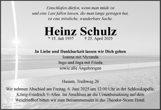 Traueranzeige von Heinz Schulz von Husumer Nachrichten, Nordfriesland Tageblatt