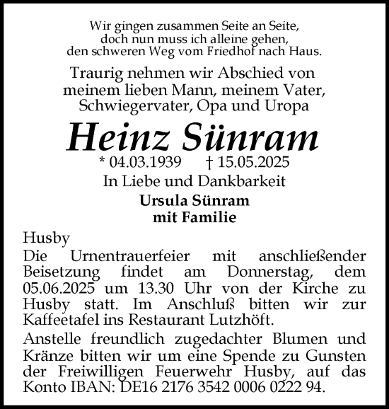 Traueranzeige von Heinz Sünram von Flensburger Tageblatt