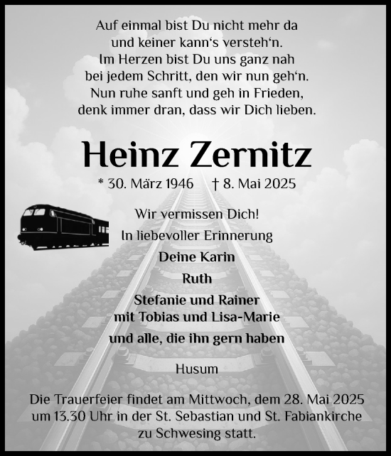 Traueranzeige von Heinz Zernitz von Husumer Nachrichten, Nordfriesland Tageblatt