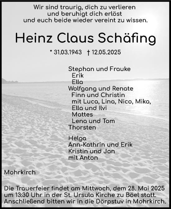 Traueranzeige von Heinz Claus Schäfing von Flensburger Tageblatt, Schleswiger Nachrichten, Schlei-Bote