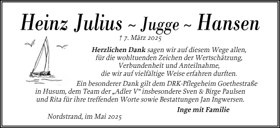 Traueranzeige von Heinz Julius Hansen von Husumer Nachrichten, Nordfriesland Tageblatt