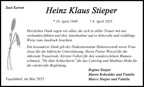 Traueranzeige von Heinz Klaus Stieper von Schleswig-Holsteinische Landeszeitung
