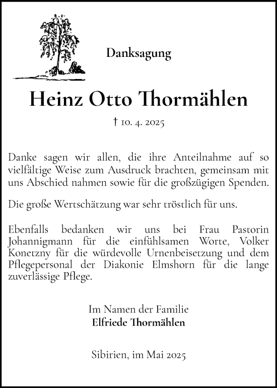 Traueranzeige von Heinz Otto Thormählen von Elmshorner Nachrichten, Barmstedter Zeitung