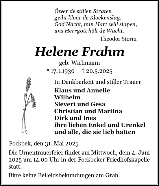 Traueranzeige von Helene Frahm von Schleswig-Holsteinische Landeszeitung
