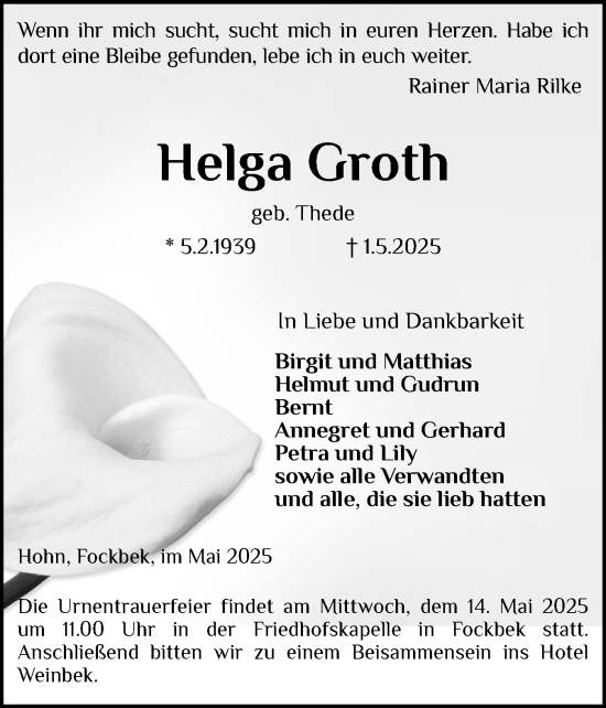 Traueranzeige von Helga Groth von Schleswig-Holsteinische Landeszeitung