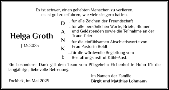 Traueranzeige von Helga Groth von Schleswig-Holsteinische Landeszeitung