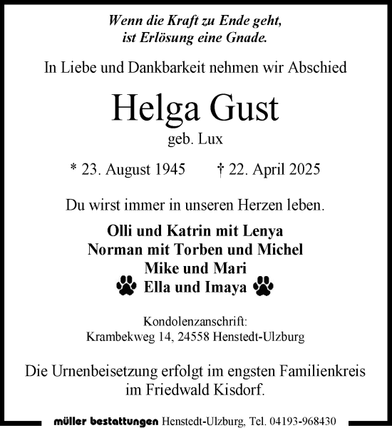 Traueranzeige von Helga Gust von Umschau